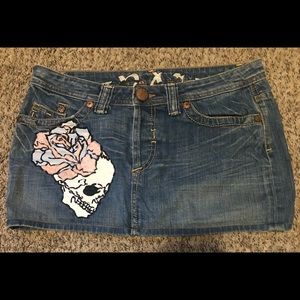 Grail Skull Embroidered  denim skirt